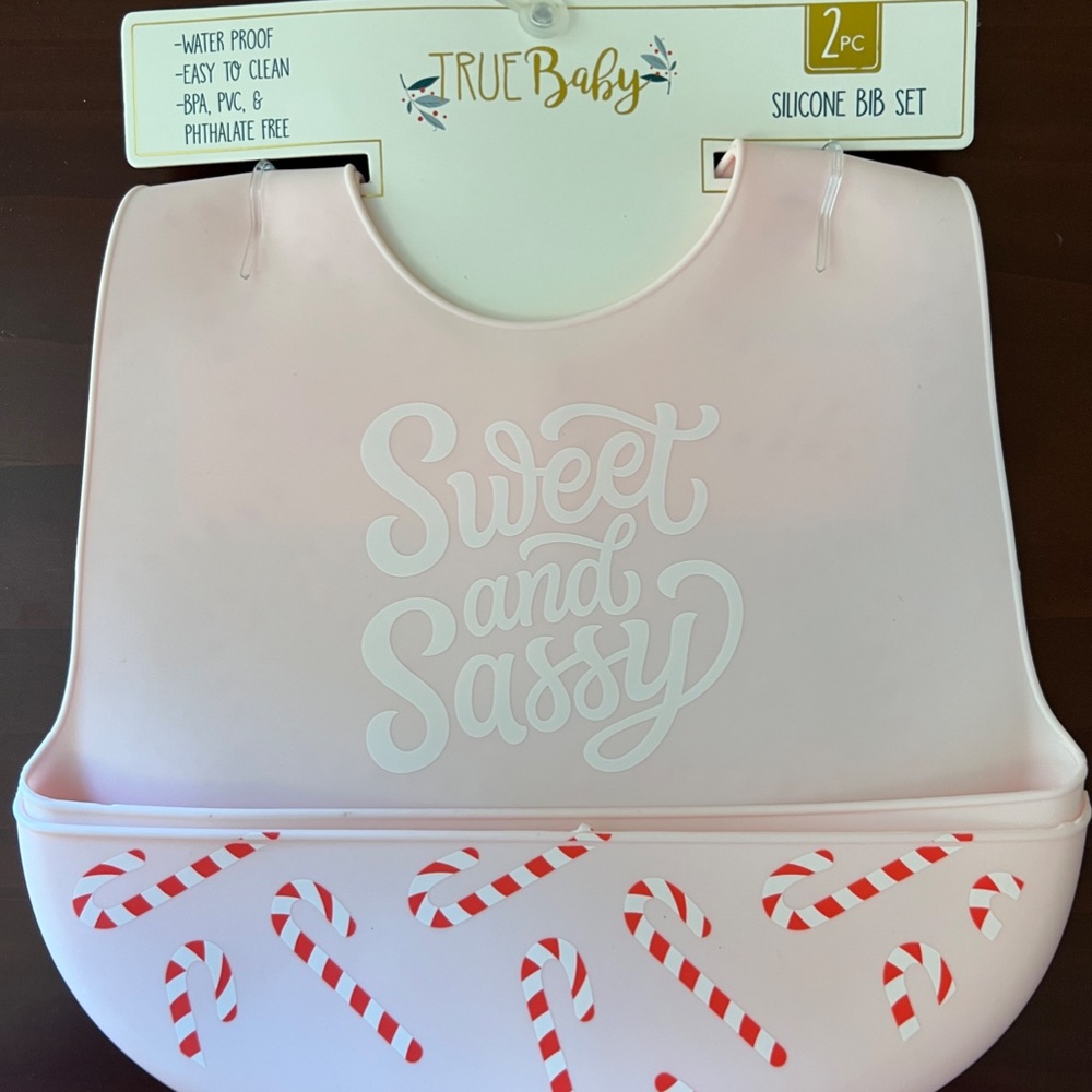 NWT Two Bibs - Sweet and Sassy Candy Cane Silicone Bib Set